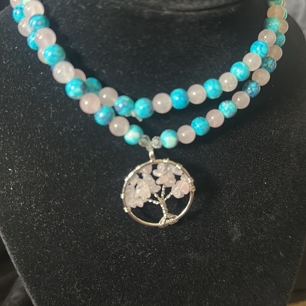Candy Tree Necklace (Purple/ Blue Rain Flower Jade And Rose Quartz) - Picture 7 of 12